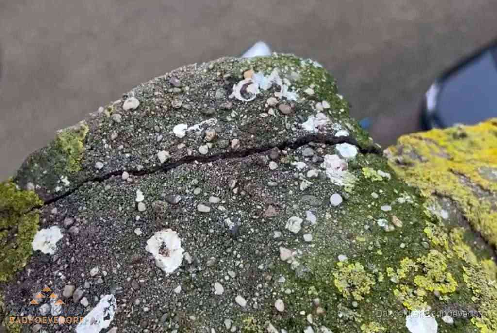 Beschadigde en verweerde nokvorst met scheuren en mos in Badhoevedorp